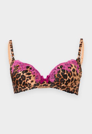 Leopardmønstret bh med lyserød blondekant på skåle og en lille lyserød sløjfe i midten, justerbare stropper og bølgede kanter.