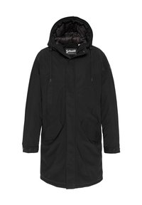 Parka negro con capucha, que presenta un cierre frontal completo, dos bolsillos delanteros y un exterior de nylon liso y texturizado. Interior forrado.