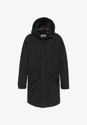 Czarna parka z kapturem, wyposażona w pełny zamek błyskawiczny z przodu, dwie przednie kieszenie oraz gładką, teksturowaną nylonową powierzchnię. Podszewka wewnętrzna.