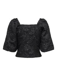 Blouse jacquard florale noire texturée avec encolure carrée et manches volumineuses bouffantes trois-quarts.