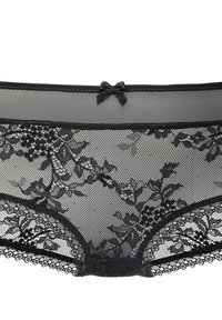 Perizoma in pizzo nero con motivi floreali, design in rete trasparente, bordi scallop e un piccolo fiocco in satin sulla parte anteriore della cintura.