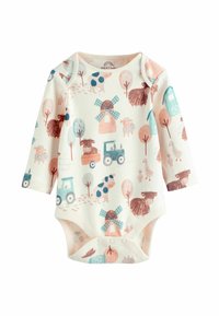 Långärmad babydräkt i krämfärg med färgglada tryck med gårdstema, inklusive traktorer, djur, träd och väderkvarnar. Mjukt bomullsmaterial.
