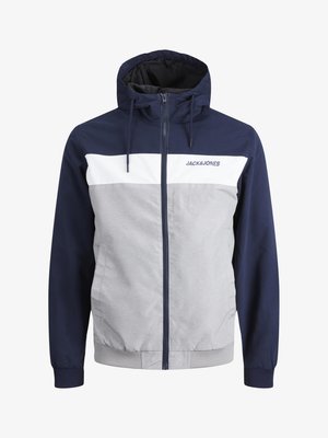 Hooded jacket featuring a color-block design in navy, white, and light gray. Made of a smooth fabric with elastic cuffs and hem.