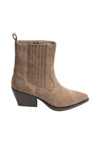 Bottine en suede marron avec un bout pointu, un talon empilé, une fermeture éclair sur le côté et une languette au dos.