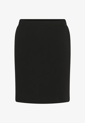 Fekete, térdig érő ceruzaszoknya sima anyagból, rugalmas derékpánttal, fehér háttér előtt bemutatva.