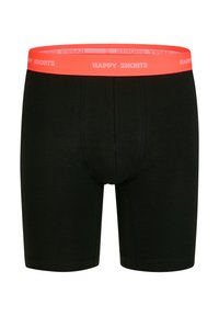 Zwarte boxershorts met een gladde textuur, voorzien van een levendige oranje elastische tailleband met het label "HAPPY SHORTS." Klassiek snug fit ontwerp.