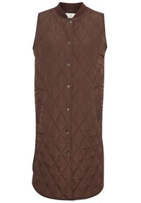 Brun utanärm quiltad väst i slät tyg, med diamantmönster, tryckknappar och en ribbad krage för extra textur.
