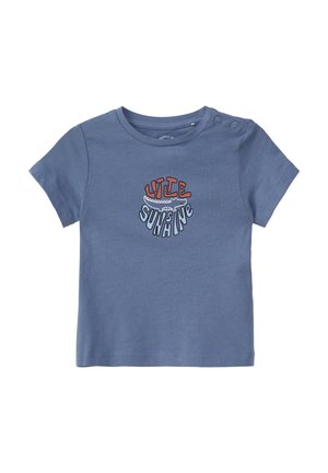 Blauwe katoenen T-shirt met korte mouwen en een ronde halslijn, versierd met een kleurrijke "Little Sunshine" grafiek aan de voorkant.