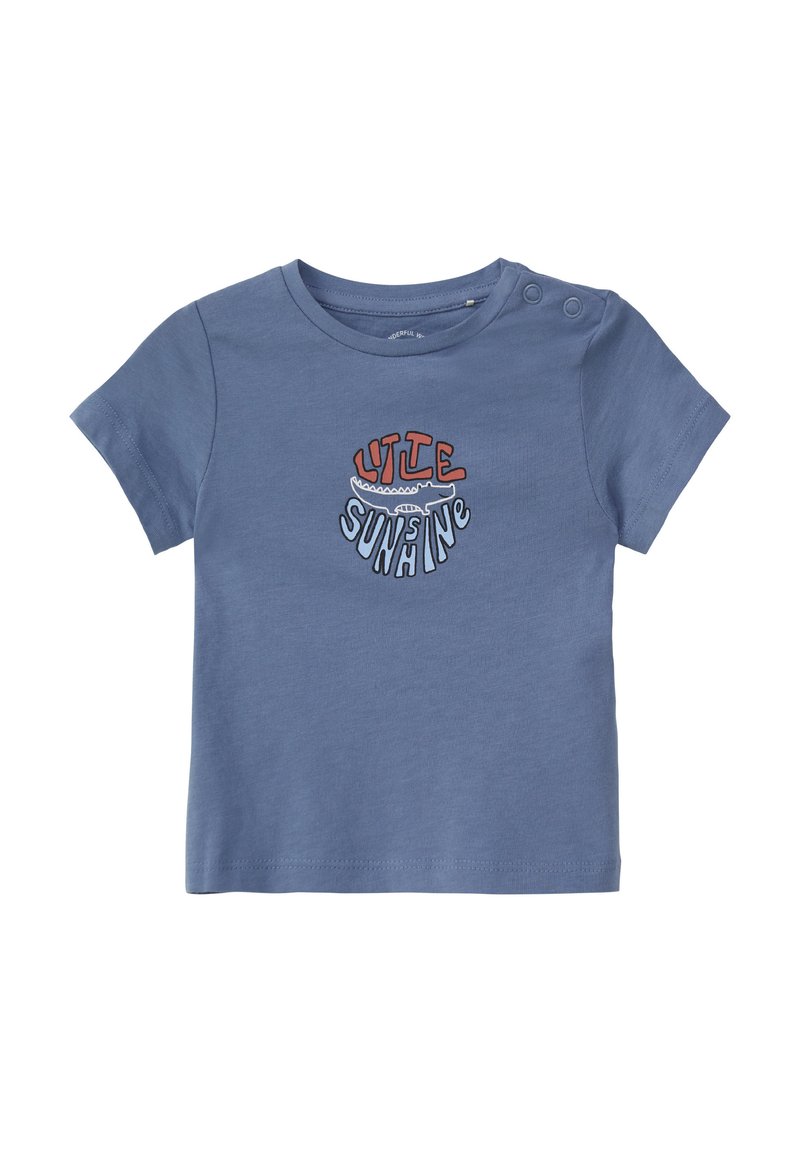Blauwe katoenen T-shirt met korte mouwen en een ronde halslijn, versierd met een kleurrijke "Little Sunshine" grafiek aan de voorkant.