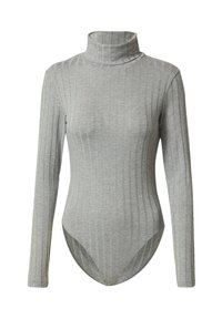Graues, geripptes Bodysuit mit hohem Stehkragen und langen Ärmeln. Verfügt über ein tailliertes Design und einen Tanga-Schnitt für eine schlanke Silhouette.