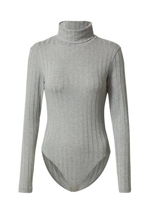 Grijze geribbelde bodysuit met een hoge opstaande kraag en lange mouwen. Heeft een aansluitend ontwerp en een thong-achtige onderkant voor een gestroomlijnd uiterlijk.