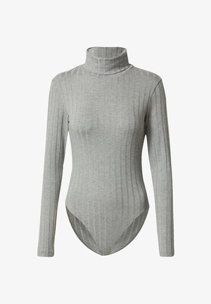 Gray ribbed bodysuit with a high mock neck and long sleeves. Features a fitted design and a thong-style bottom for a streamlined look.