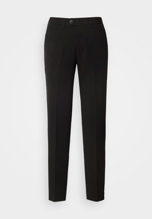Schwarze gerade geschnittene Hose aus glattem Stoff mit einem Knopfverschluss und seitlichen Taschen im klassischen Design.
