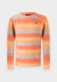 Maglione a maniche lunghe a coste con gradiente multicolore in arancione e blu, dotato di scollatura rotonda e un piccolo logo sul petto.