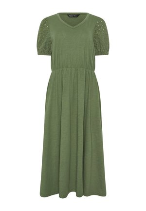 Midi olivengrøn kjole med elastisk talje, V-udskæring og korte pufærmer med hulmønsterbroderi.