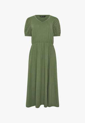 Midi olivengrøn kjole med elastisk talje, V-udskæring og korte pufærmer med hulmønsterbroderi.