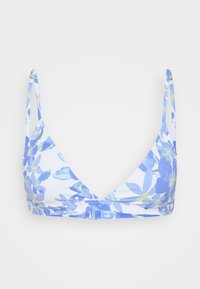 Blå blomstermønstrete bikinitopp laget av elastisk stoff, med en dyp V-halsdesign, tynne stropper og krokfeste bak.