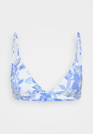 Zils ziedu bikini augšdaļa, izgatavota no elastīga auduma, ar dziļu V-veida kaklu, plānām siksnām un āķa aizdari aizmugurē.