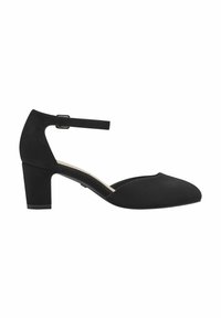 Chaussure à talon en suede noir avec une bride à la cheville, bout arrondi et talon carré. La surface est lisse, avec un design simple et épuré.