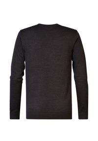 Pull à col rond à manches longues gris foncé vu de dos, présentant une texture en maille lisse et des poignets et ourlet côtelés.