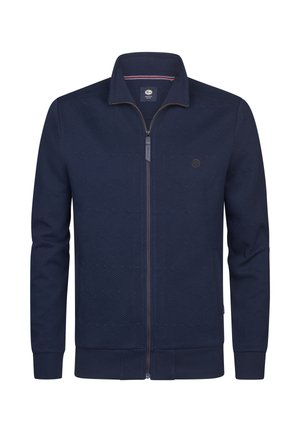 Marineblauw jack met ritssluiting, voorzien van een gestructureerd geometrisch patroon, geribbelde manchetten en zoom, een opstaande kraag en een logopatch op de borst.