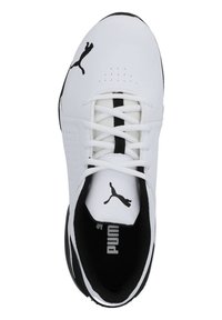 White athletic shoe with a smooth upper, black accents, prominent Puma logo, textured detailing, and black outsole. Laced design, no visible patterns.