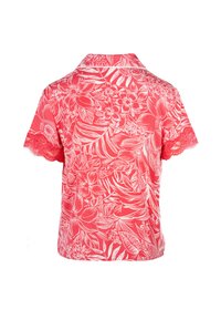 Rood shirt met bloemenmotief, korte mouwen en kantaccenten. Beschikt over een kraag en heeft een losvallende pasvorm, gemaakt van lichtgewicht stof.