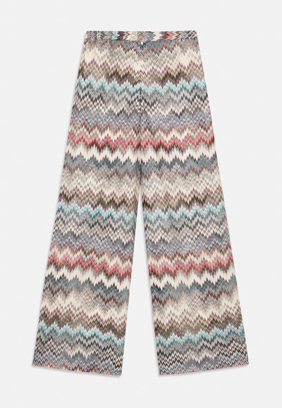 Mønstrede vide bukser i nuancer af cremet, blå, rød og grå, med et zigzag-design og elastisk talje for komfort.