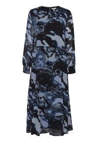 Vestido largo de una tela fluida con un patrón abstracto multicolor en azul y negro. Tiene mangas largas y un escote redondo.