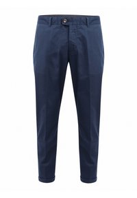 Navy cotton trousers with a tailored fit, featuring a button closure, side pockets, and rolled cuffs. Smooth texture and classic design.