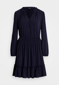 Vestido azul marino con escote en V, mangas largas, cintura fruncida y dobladillo con volantes. Confeccionado con una tela suave con un ligero brillo. Detalle de botones en el cuello.