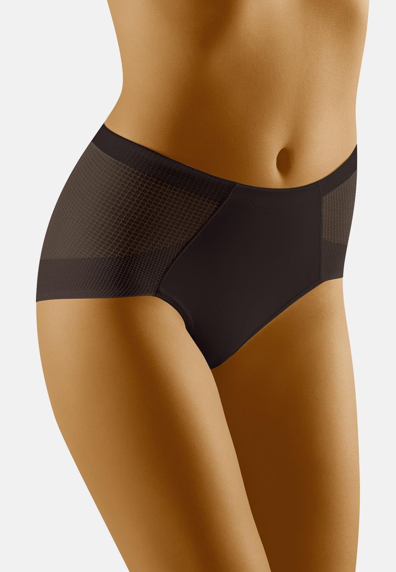 Zwart high-waisted ondergoed met gaasdetails in een ruitpatroon. Gladde textuur met een stevige, ondoorzichtig voorkant.