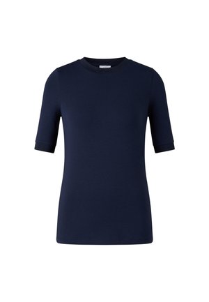Marineblaues Kurzarmhemd mit rundem Ausschnitt und umgeschlagenen Ärmelumschlägen, gefertigt aus einem glatten, dehnbaren Stoff und mit einem schlichten und klaren Design.