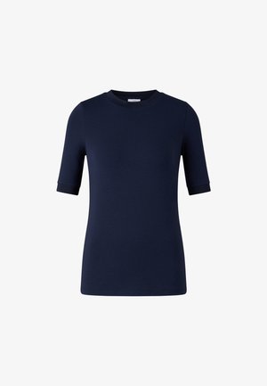 Námorně modrá polokošile s krátkým rukávem, kulatým výstřihem a ohrnutými manžetami, vyrobená z hladkého, pružného materiálu, s jednoduchým a čistým designem.