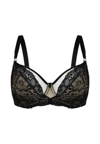 Czarny koronkowy biustonosz z przezroczystą siateczkową wstawką, wsparciem za pomocą drutów, regulowanymi ramiączkami i złotymi detalami. Szczegółowy wzór kwiatowy z koronki.