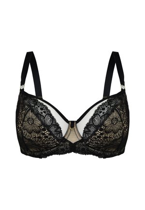 Czarny koronkowy biustonosz z kwiatowymi wzorami, przezroczystymi panelami i złotymi ozdobami. Regulowane ramiączka oraz dekoracyjny detal w środku.