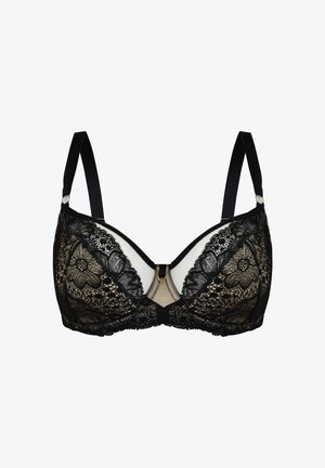 Czarny koronkowy biustonosz z kwiatowymi wzorami, przezroczystymi panelami i złotymi ozdobami. Regulowane ramiączka oraz dekoracyjny detal w środku.