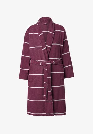 Plüschiger mahagonifarbenen Bademantel mit weißen horizontalen Streifen, mit Schalkragen, Gürtel und zwei vorderen Taschen. Weicher Stoff, mittellange Länge.