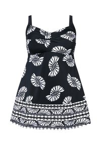 Vestido de baño negro con estampados florales y espirales blancos; cuenta con un cuerpo ajustado, tirantes anchos y un borde inferior decorativo.