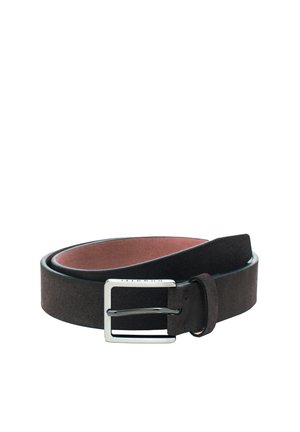 Dark brown leather belt rolled with silver rectangular buckle and visible brand name on buckle against white background.