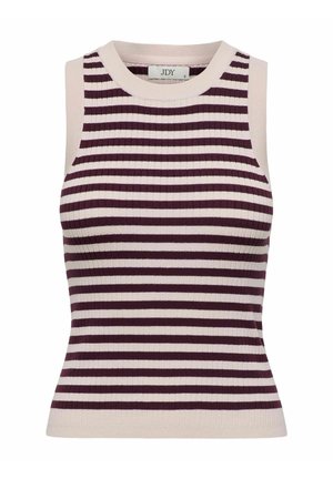Ribbed knit tank top with horizontal stripes in deep burgundy and cream. Features a crew neck and sleeveless design.