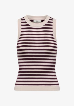 Ribbed knit tank top with horizontal stripes in deep burgundy and cream. Features a crew neck and sleeveless design.