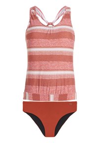 Rød og lyserød stribet tankini badetop med dyreprint, justerbare stropper og rynket talje. Ensfarvet rød bikini bund med sorte accenter.