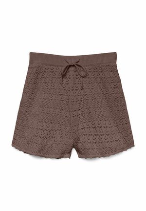 Brązowe szorty szydełkowe z prążkowanym pasem i sznurkiem z przodu, z ozdobnym falowanym brzegiem.