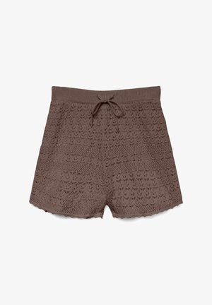 Brązowe szorty szydełkowe z prążkowanym pasem i sznurkiem z przodu, z ozdobnym falowanym brzegiem.