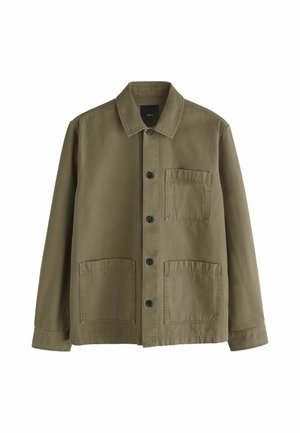 Olive green button-up jacket with a collar, long sleeves, and three front patch pockets, two at the bottom and one at the chest.
