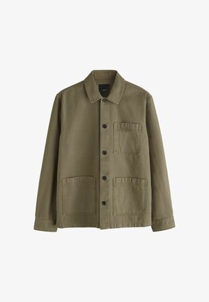 Olive green button-up jacket with a collar, long sleeves, and three front patch pockets, two at the bottom and one at the chest.