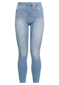 Ljust blå skinny jeans i denim, med hög midja, fem fickor, bälteslouklar och en slät textur med lätt blekning.