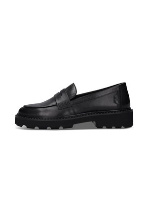 Mocassin en cuir noir avec semelle crantée épaisse, talon plat et bride cousue sur le coup de pied, vu de côté gauche.