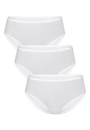 Mutande bianche di cotone. Tre paia esposti, caratterizzati da una texture morbida, una vita elasticizzata e un taglio arrotondato senza motivi visibili.